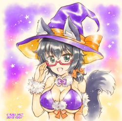Rule 34 | 1girl, adjusting eyewear, animal ear fluff, animal ears, armlet, artist name, bikini, black eyes, black hair, bow, bow bikini, bowtie, bracelet, breasts, cat ears, cat tail, cleavage, commentary, dated, fang, frown, fur armlet, fur bracelet, fur collar, girls und panzer, glasses, halloween, hat, hat ribbon, jewelry, kuromori yako, large breasts, light particles, looking at viewer, medium hair, messy hair, multicolored background, one-hour drawing challenge, open mouth, orange background, orange ribbon, oryou (girls und panzer), purple background, purple bikini, purple bow, purple bowtie, purple hat, red-framed eyewear, ribbon, semi-rimless eyewear, short ponytail, solo, star (symbol), starry background, swimsuit, tail, under-rim eyewear, witch hat