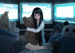 Rule 34 | 1girl, black hair, blue eyes, kami-sama no memo-chou, long hair, pajamas, shionji yuuko, solo, stuffed animal, stuffed toy, teddy bear, willgoon