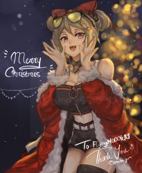 Rule 34 | 1girl, bare shoulders, blush, bow, breasts, choker, christmas, christmas tree, collarbone, commission, double bun, eyewear on head, gazelle jun, girls&#039; frontline, hair bow, hair bun, highres, large breasts, light brown hair, navel, official alternate costume, open mouth, p90 (girls&#039; frontline), p90 (scarlet turbo) (girls&#039; frontline), red eyes, short hair, shorts, smile, solo, sunglasses, thighhighs
