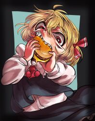 Rule 34 | 1girl, black skirt, black vest, blonde hair, bread, burger, buttons, cheese, collared shirt, commentary request, cowboy shot, eating, food, hair between eyes, hair ribbon, highres, long sleeves, meat, messy hair, necktie, open mouth, red eyes, red necktie, red ribbon, ribbon, rumia, sharp teeth, shioshio (betabetarimocon), shirt, shirt tucked in, short hair, skirt, skirt set, solo, teeth, touhou, vest, white shirt