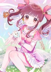 Rule 34 | 1girl, amezawa koma, blush, brown eyes, brown hair, choker, comiket 103, commentary request, dress, feathered wings, feathers, frilled choker, frills, grass, hair ribbon, headset, highres, idol clothes, idolmaster, idolmaster cinderella girls, looking at viewer, medium hair, ogata chieri, pink choker, pink dress, rabbit, ribbon, short sleeves, sidelocks, sitting, smile, solo, twintails, white wings, wings, wrist cuffs