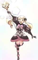 1girl aristocratic_clothes bavaa blonde_hair bow drill_hair elise_(fire_emblem) fire_emblem fire_emblem_fates gloves hair_bow highres holding holding_staff long_hair looking_at_viewer nintendo open_mouth purple_eyes purple_hair smile staff twin_drills twintails