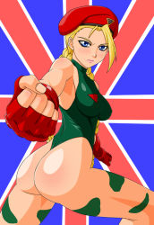 Rule 34 | 1girl, ass, bad id, bad pixiv id, bare shoulders, beret, blonde hair, blue eyes, blush, braid, breasts, cammy white, capcom, clenched hand, clenched hands, covered erect nipples, fingerless gloves, flag, flag print, gloves, hat, legs, leotard, lips, lipstick, long hair, looking back, makani kohitujito, makeup, scar, solo, street fighter, twin braids, union jack, united kingdom