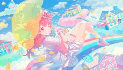 Rule 34 | 1girl, balloon, blue sky, building, cloud, confetti, day, gloves, grin, highres, long hair, looking at viewer, momoi airi, official art, one eye closed, petals, project sekai, red eyes, red hair, short sleeves, shorts, sky, smile, solo, string of flags, umbrella