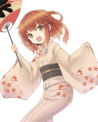Rule 34 | 10s, 1girl, alternate costume, bad id, bad pixiv id, brown eyes, brown hair, commentary request, hand fan, fang, gale kawaii, hair ornament, hairclip, ikazuchi (kancolle), japanese clothes, kantai collection, kimono, looking at viewer, obi, open mouth, paper fan, sash, short hair, smile, solo, uchiwa, white background, yukata