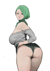 Rule 34 | 1girl, ass, breasts, dolphin shorts, from behind, grey shirt, hijab, large breasts, lips, looking back, shirt, shorts, simple background, turban, white background, yohohoho