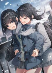 Rule 34 | 2girls, :d, = =, bag, black hair, blue coat, blue eyes, blue necktie, cardigan, closed eyes, coat, commentary request, cowboy shot, cowlick, d:, dutch angle, grey coat, grey scarf, grey skirt, hand in another&#039;s pocket, happy, highres, holding another&#039;s wrist, hug, hug from behind, kurokuro illust, light blush, long hair, looking back, messy hair, multiple girls, necktie, open mouth, original, outdoors, pleated skirt, raised eyebrow, scarf, school bag, school uniform, shirt, sideways glance, skirt, smile, surprised, sweatdrop, white scarf, white shirt, winter