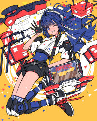 Rule 34 | 1girl, black footwear, black gloves, black shorts, blue eyes, blue hair, blue socks, commentary, cowlick, crate, cropped jacket, drone, gloves, grin, halftone, highres, jacket, kaneni, legs together, long sleeves, looking at viewer, medium hair, one eye closed, open hand, open mouth, orange background, original, over-kneehighs, shiny skin, shoes, short shorts, shorts, simple background, smile, sneakers, socks, solo, teeth, thighhighs, thighs, waving, white jacket