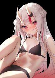 Rule 34 | 1girl, absurdres, bikini, black background, black bikini, blush, breasts, breasts apart, clenched teeth, collarbone, double bun, feet out of frame, gradient hair, grimace, hair bun, highres, hololive, horns, knee up, long hair, looking at viewer, multicolored hair, nakiri ayame, navel, nose blush, red hair, simple background, small breasts, solo, stomach, streaked hair, string bikini, swimsuit, teeth, terra bose, v-shaped eyebrows, virtual youtuber, white hair
