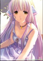 Rule 34 | 00s, 1girl, absurdres, backlighting, blonde hair, border, brown eyes, chii, chobits, choker, dress, highres, koutaro, long hair, looking at viewer, multicolored hair, parted lips, pov, robot ears, scan, sleeveless, sleeveless dress, solo, very long hair, white dress