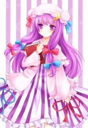 Rule 34 | 1girl, book, bow, crescent, dress, female focus, hair bow, hat, long hair, nikoo, patchouli knowledge, purple eyes, purple hair, ribbon, solo, striped background, striped clothes, striped dress, touhou, vertical stripes