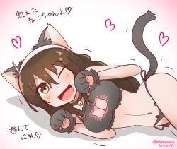 Rule 34 | 1girl, animal ears, animal hands, ashigara (kancolle), bell, black bra, black panties, blush, bra, breasts, brown eyes, brown hair, cat ears, cat lingerie, cat paws, cat tail, cleavage, cleavage cutout, clothing cutout, commentary request, dated, fake animal ears, fake tail, fang, gradient background, hair between eyes, hairband, heart, jingle bell, kantai collection, large breasts, long hair, lying, meme attire, mitchell (dynxcb25), on side, one eye closed, open mouth, panties, paw pose, smile, solo, tail, twitter username, underwear, wavy hair, white hairband