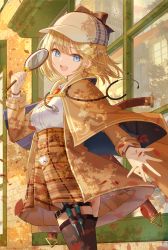 Rule 34 | 1girl, :d, bad anatomy, blonde hair, blouse, blue eyes, brown capelet, capelet, commentary request, cowboy shot, from side, hat, highres, holding, holding magnifying glass, hololive, hololive english, inari (ambercrown), magnifying glass, necktie, open mouth, painting (medium), red necktie, shirt, short hair, smile, solo, traditional media, virtual youtuber, watercolor (medium), watson amelia, watson amelia (1st costume), white shirt