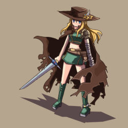 Rule 34 | bandages, belt, blonde hair, boots, cape, duel monster, green eyes, hat, lowres, midriff, skirt, sword, warrior lady of the wasteland, weapon, yu-gi-oh!