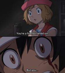 Rule 34 | 1boy, 1girl, ash ketchum, black hair, blonde hair, blood, bloody tears, blue eyes, blue ribbon, brown eyes, close-up, collarbone, commentary, constricted pupils, creatures (company), derivative work, english commentary, fake screenshot, fullmetal alchemist, game freak, hat, highres, i hate kids with good instincts like you (meme), indoors, mgx0, nintendo, parody, pokemon, pokemon (anime), pokemon xy (anime), ribbon, screenshot redraw, serena (pokemon), short hair, sleeveless, sleeveless duster, subtitled, upper body
