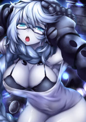 Rule 34 | 10s, 1girl, absurdly long hair, abyssal ship, alternate breast size, armpit peek, bare shoulders, bikini, bikini under clothes, black-framed eyewear, black bikini, blue eyes, braid, breasts, chestnut mouth, cleavage, cowboy shot, downblouse, fi-san, gauntlets, glasses, glowing, hair between eyes, hair scarf, hands on own head, headphones, kantai collection, large breasts, long hair, looking at viewer, off shoulder, open mouth, pale skin, shiny skin, shirt, sitting, solo, supply depot princess, swimsuit, tongue, very long hair, white hair, white shirt