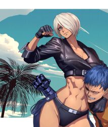 Rule 34 | 1boy, 1girl, angel (kof), blue hair, breasts, hair over one eye, highres, k9999, large breasts, midriff, ogami, smile, the king of fighters, white hair