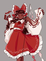 Rule 34 | 1girl, absurdres, alternate skin color, ascot, black hair, black skin, blush, bow, colored skin, commentary, dark-skinned female, dark skin, detached sleeves, english commentary, frills, hair bow, hair tubes, hakurei reimu, hat, highres, long hair, mercuriika, open mouth, red bow, red eyes, ribbon, skirt, smile, solo, touhou