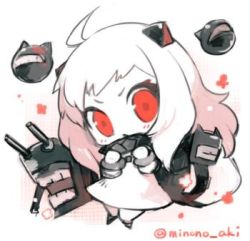 Rule 34 | 10s, 1girl, bad id, bad twitter id, chibi, colored skin, dress, horns, kantai collection, long hair, lowres, minono aki, mittens, northern ocean princess, red eyes, simple background, solo, turret, twitter username, white background, white dress, white hair, white skin