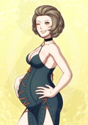 1girl adricarra breasts brown_eyes brown_hair cleavage eyeshadow female_focus fire_emblem fire_emblem:_three_houses grin highres makeup manuela_casagranda matching_hair/eyes medium_breasts misscherrylle mole mole_under_eye nintendo one_eye_closed orange_lips pregnant smile solo standing watermark wink