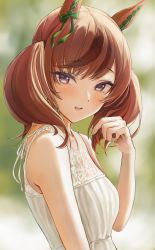 Rule 34 | 1girl, absurdres, animal ears, bare shoulders, blurry, blurry background, brown hair, commentary request, depth of field, dress, ear covers, from side, hand in own hair, highres, horse ears, huziko32, long hair, looking at viewer, looking to the side, multicolored hair, nice nature (umamusume), open mouth, purple eyes, sleeveless, sleeveless dress, smile, solo, streaked hair, twintails, umamusume, upper body, white dress