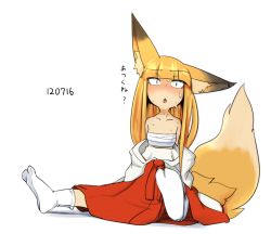 Rule 34 | 1girl, animal ears, blonde hair, blunt bangs, blush, commentary request, dated, fox ears, fox tail, full body, hime cut, japanese clothes, kimono, kitsunemiko, long hair, looking at viewer, miko, off shoulder, open mouth, original, sakifox, sarashi, simple background, sitting, slit pupils, socks, solo, sweat, tail, translation request, white background, white socks