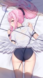 Rule 34 | 1girl, alternate costume, alternate hairstyle, angel wings, ass, back, bed, bed sheet, black buruma, blue archive, blunt bangs, buruma, commentary request, feathered wings, from behind, gradient hair, gym uniform, hair ornament, hair scrunchie, halo, highres, long hair, looking at viewer, looking back, lying, matrix16, mika (blue archive), multicolored hair, on stomach, pink hair, ponytail, profile, scrunchie, shirt, short sleeves, sidelocks, simple background, smile, solo, two-tone hair, white shirt, white wings, wings, wrist scrunchie, yellow eyes