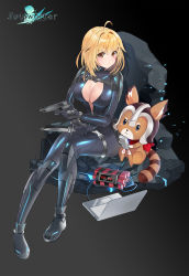 Rule 34 | 1girl, absurdres, ahoge, animal, armored boots, artist request, blonde hair, bodysuit, bomb, boots, breasts, catsuit, cleavage, combat knife, computer, dual wielding, dynamite, explosive, gun, handgun, haru estia, highres, holding, holding gun, holding weapon, knee boots, knife, laptop, large breasts, leg belt, looking at viewer, no bra, official art, open clothes, orange eyes, partially unzipped, pistol, raccoon, reverse grip, short hair, sitting, solo, soulworker, thigh strap, time bomb, weapon