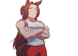 Rule 34 | 1girl, absurdres, animal ears, artist name, breasts, brown hair, closed mouth, commentary request, crossed arms, empty eyes, hair intakes, highres, horse ears, horse girl, horse tail, kawakami princess (umamusume), long hair, looking at viewer, medium breasts, mukakin, muscular, muscular female, pants, red pants, shirt, simple background, solo, tail, tracen training uniform, umamusume, white background, white shirt