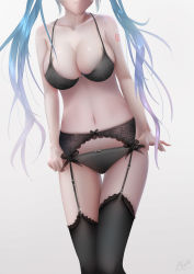Rule 34 | 1girl, absurdres, artist name, bad id, bad pixiv id, black bra, black panties, bow, bow panties, bra, breasts, cleavage, collarbone, frown, garter belt, garter straps, groin, hatsune miku, head out of frame, highres, lace, lace-trimmed garter belt, lace-trimmed legwear, lace trim, large breasts, long hair, navel, omone hokoma agm, panties, panty tug, partially blind, solo, strap gap, tattoo, thigh gap, thighhighs, thighs, twintails, underwear, vocaloid, white background