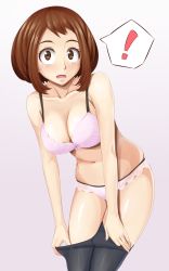 Rule 34 | !, 10s, 1girl, bare shoulders, black pantyhose, blush, boku no hero academia, bra, breasts, brown eyes, brown hair, cleavage, clothes pull, higher resolution available, highres, large breasts, lingerie, looking at viewer, navel, open mouth, panties, pantyhose, pantyhose pull, shaito, short hair, solo, standing, stomach, sweatdrop, underwear, undressing, uraraka ochako