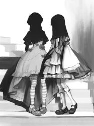 Rule 34 | 2girls, dress, face in shadow, facing viewer, frederica bernkastel, full body, greyscale, highres, lambdadelta, long hair, mary janes, monochrome, multiple girls, nasu (nasuotabe), shoes, sleeves past fingers, sleeves past wrists, striped clothes, striped thighhighs, thighhighs, umineko no naku koro ni, wide sleeves