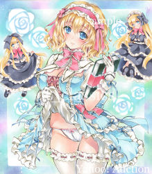 Rule 34 | 3girls, alice margatroid, artist name, at classics, black bow, black dress, black footwear, blonde hair, blue eyes, book, bow, bow panties, bowtie, breasts, capelet, cleavage, closed mouth, clothes lift, dress, dress lift, floral background, footwear bow, frilled dress, frills, gloves, groin, hair between eyes, hair bow, hairband, holding, holding book, large breasts, lifting own clothes, long hair, long sleeves, looking at viewer, multiple girls, panties, pink bow, pink bowtie, ribbon-trimmed legwear, ribbon trim, sample watermark, shanghai doll, shoes, short hair, short sleeves, sidelocks, smile, thighhighs, touhou, traditional media, underwear, very long hair, watermark, wavy hair, white gloves, white legwear, white panties