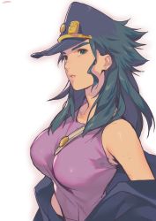 Rule 34 | 1girl, absurdres, breasts, bright pupils, earrings, genderswap, genderswap (mtf), green eyes, green hair, hat, hat pin, highres, jewelry, jojo no kimyou na bouken, kotatsu (g-rough), kuujou joutarou, large breasts, looking at viewer, off shoulder, outline, parted lips, peaked cap, pink outline, purple hat, purple shirt, shirt, simple background, sleeveless, sleeveless shirt, solo, stardust crusaders, upper body, white background, white pupils
