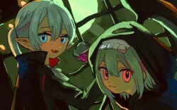 Rule 34 | 2girls, aqua hair, black cape, black shirt, blue eyes, cape, closed mouth, commentary, from side, green hair, hair between eyes, hood, hood up, indoors, long sleeves, looking at viewer, looking to the side, multiple girls, nagomi ( nagomi ), open mouth, original, pointy ears, red eyes, shirt, symbol-only commentary, upper body, window