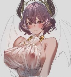 Rule 34 | 1girl, bare shoulders, blush, bow (bhp), breasts, commentary, covered erect nipples, cowboy shot, cropped torso, expressionless, grea (shingeki no bahamut), hair between eyes, horns, large breasts, manaria friends, nipples, pointy ears, purple hair, red eyes, see-through, shingeki no bahamut, short hair, sketch, solo, white background