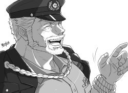 Rule 34 | 1boy, aiguillette, beard, closed eyes, facial hair, greyscale, hand up, hat, hijirino yuuta, hogen (housamo), male focus, medal, military hat, monochrome, mustache, old, old man, open mouth, simple background, smile, solo, tokyo houkago summoners, white background