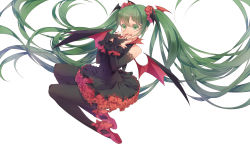 Rule 34 | 1girl, absurdres, airrabbityan, bare shoulders, bat wings, black dress, black pantyhose, bridal gauntlets, colored eyelashes, dress, eyelashes, full body, green eyes, green hair, hands on own face, hatsune miku, high heels, highres, long hair, nail polish, pantyhose, petticoat, shoes, simple background, smile, solo, twintails, very long hair, vocaloid, white background, wings