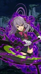 Rule 34 | 10s, 1girl, :d, black dress, black thighhighs, bow, bowtie, brown eyes, building, dress, floating hair, gloves, hair bow, highres, hiiragi shinoa, holding, holding weapon, long hair, looking at viewer, magic, military, military uniform, necktie, night, open mouth, outdoors, owari no seraph, purple bow, purple hair, red bow, red bowtie, red necktie, ruins, scythe, short dress, short necktie, smile, solo, standing, thighhighs, uniform, weapon, white gloves, zettai ryouiki