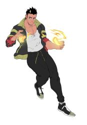 Rule 34 | 1boy, alternate costume, bara, black hair, casual, facial hair, fire, full body, halo, highres, jacket, male focus, matty (radicallymaxton), mature male, muscular, muscular male, open clothes, open jacket, pants, pectoral cleavage, pectorals, pyrokinesis, running, shoes, short hair, sideburns, sneakers, solo, stubble, tank top, tokyo houkago summoners, track pants, white background, white tank top, zabaniyya (housamo)