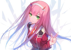 Rule 34 | 1girl, absurdres, breasts, darling in the franxx, green eyes, hairband, hand up, highres, horns, long hair, long sleeves, looking at viewer, military, military uniform, necktie, pink hair, red shirt, shirt, smile, solo, sylvia (huajiuhuajiu), uniform, upper body, white background, white hairband, zero two (darling in the franxx)