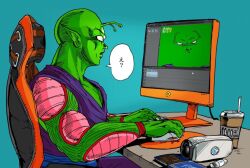 Rule 34 | 1boy, antennae, chair, colored skin, confused, cup, disposable cup, dragon ball, gaming chair, green screen, green skin, male focus, megakun, monitor, mouse (computer), namekian, piccolo, swivel chair, webcam, you&#039;re doing it wrong