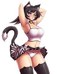 Rule 34 | 1girl, :3, :d, ^ ^, absurdres, animal ear legwear, animal ears, armpits, arms behind head, arms up, bell, black hair, black thighhighs, blue eyes, bow, bow panties, breasts, cameltoe, cat ear legwear, cat ears, cat girl, cat lingerie, cat tail, choker, cleavage, closed eyes, clothes lift, colored eyelashes, covered erect nipples, cowboy shot, crop top, english text, eyebrows, heterochromia, highres, hip focus, large breasts, looking at viewer, mazume, meme attire, miniskirt, multicolored hair, navel, neck bell, open mouth, orange eyes, original, panties, pantyshot, paw print, pin, shiny skin, shirt, short hair, simple background, skindentation, skirt, skirt lift, smile, solo, standing, tail, taut clothes, taut shirt, thighhighs, two-tone hair, underwear, white background, white hair, white panties, white skirt, yellow eyes, zettai ryouiki