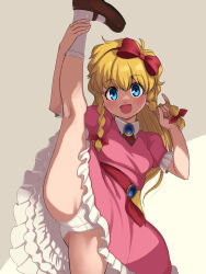 Rule 34 | 1girl, :d, blonde hair, blue eyes, blush, bow, bow hairband, braid, breasts, brooch, castlevania: rondo of blood, castlevania (series), commentary request, dress, frills, hair bow, hairband, highres, jewelry, kneepits, legs, long hair, looking at viewer, maria renard, open mouth, paid reward available, panties, pink dress, playing with own hair, puffy short sleeves, puffy sleeves, red bow, shade, shoes, short sleeves, side braids, small breasts, smile, socks, solo, split, standing, standing on one leg, standing split, stupa13a, underwear, variant set, white panties