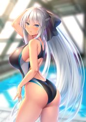 Rule 34 | 1girl, ass, back, blue eyes, blurry, blurry background, bow, braid, breasts, competition swimsuit, cowboy shot, crown braid, fate/grand order, fate (series), from side, hair bow, highres, large breasts, long hair, looking at viewer, morgan le fay (fate), one-piece swimsuit, parted lips, ponytail, pool, poolside, rei no pool, sidelocks, solo, swimsuit, thighs, very long hair, white hair, yuunagi (0217)