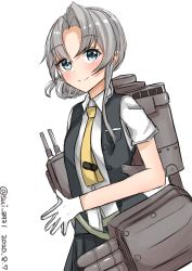 Rule 34 | 1girl, absurdres, adapted turret, asymmetrical hair, black vest, cannon, commentary request, dated, dress shirt, flipped hair, gloves, grey eyes, highres, kantai collection, machinery, necktie, nowaki (kancolle), one-hour drawing challenge, pleated skirt, shirt, silver hair, simple background, skirt, smile, solo, swept bangs, tamako (sui 8931), turret, twitter username, upper body, vest, white background, white gloves, white shirt, yellow necktie