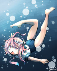 Rule 34 | 1girl, absurdres, ahoge, aoba (akibajun), blue one-piece swimsuit, blue sailor collar, dated, freediving, full body, hair ornament, highres, i-58 (kancolle), kantai collection, neckerchief, no pants, one-piece swimsuit, pink eyes, pink hair, pink neckerchief, sailor collar, sailor shirt, school swimsuit, school uniform, serafuku, shirt, short hair, solo, swimsuit, swimsuit under clothes, twitter username, underwater