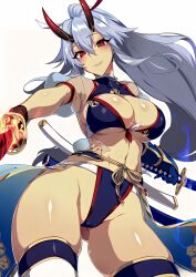 Rule 34 | 1girl, absurdres, arm guards, bikini, blue bikini, blush, breasts, cameltoe, cleavage, closed mouth, dual wielding, fate/grand order, fate (series), hair between eyes, highres, holding, horns, katana, large breasts, long hair, looking at viewer, mitsudomoe (shape), navel, non-web source, ponytail, puuzaki puuna, red eyes, red horns, sheath, short sleeves, sidelocks, simple background, smile, solo, swimsuit, sword, thighhighs, tomoe (symbol), tomoe gozen (fate), tomoe gozen (swimsuit saber) (fate), tomoe gozen (swimsuit saber) (third ascension) (fate), very long hair, waist cape, weapon, white background, white hair