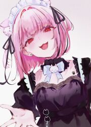 Rule 34 | 1girl, animal ear fluff, animal ears, animal print, black collar, black dress, black ribbon, blunt bangs, bow, bowtie, cat ears, cat paw, cat print, collar, commentary, crazy smile, cross, cross earrings, detached collar, dress, earrings, extra ears, frilled dress, frills, gesugao, hair intakes, hair ribbon, head tilt, highres, indie virtual youtuber, jewelry, looking at viewer, maid headdress, mikeneko (vtuber), mikeneko (vtuber) (4th costume), mile (off8mile), open hand, open mouth, paw print, puffy sleeves, reaching, reaching towards viewer, red eyes, ribbon, short hair, simple background, smile, solo, symbol-only commentary, teeth, two side up, upper body, virtual youtuber, white bow, white bowtie, yandere