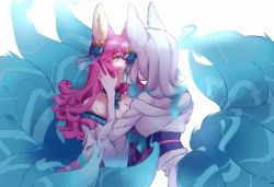 Rule 34 | 2girls, 34 lol7, ahri (league of legends), animal ears, bad id, bad twitter id, bare shoulders, bell, blue eyes, blue hair, breasts, cleavage, closed mouth, dual persona, facial mark, fingernails, fox ears, fox girl, fox tail, hair bell, hair ornament, hand on another&#039;s face, highres, japanese clothes, kimono, kyuubi, league of legends, long fingernails, long hair, looking at viewer, multicolored hair, multiple girls, multiple tails, pale skin, pink hair, sharp fingernails, simple background, smile, spirit blossom ahri, tail, very long fingernails, whisker markings, white background, white hair, yuri